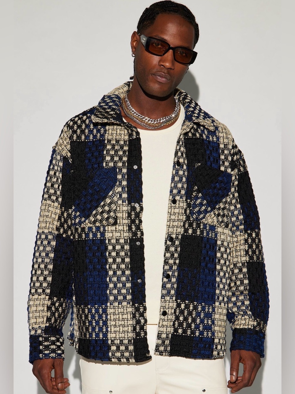 Fashion Nova Men’s Black, Navy & Cream Check Button-Up Jacket